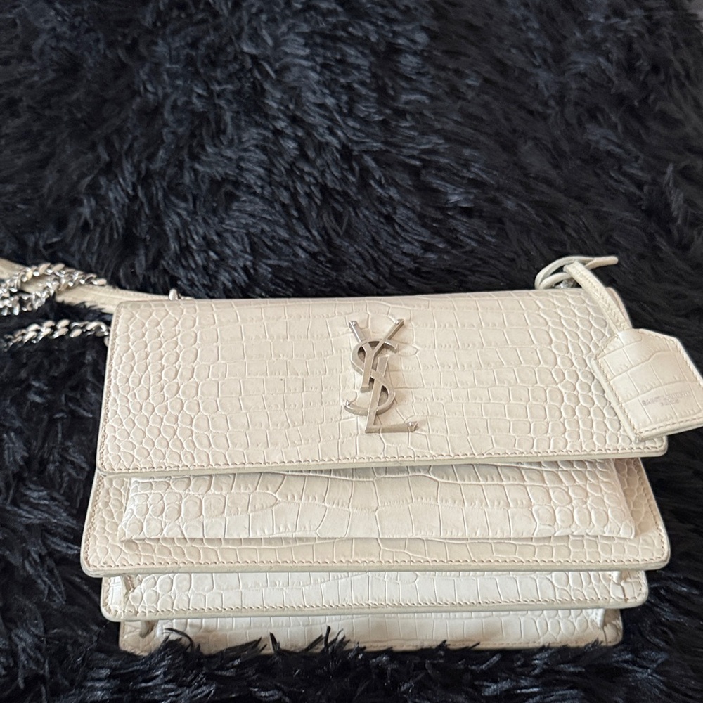 Authentic Yves Saint Laurent Cream Croc-Embossed Crossbody Bag